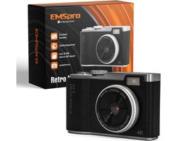 EMS Pro Smart Retro Camera met Scherm - Digitale Fotocamera - 64 Megapixel - Ingebouwde Filters - Video's & foto's - Minimalistisch Vintage Design - Met Xenon Flits - Oplaadbaar - 8GB - Zwart