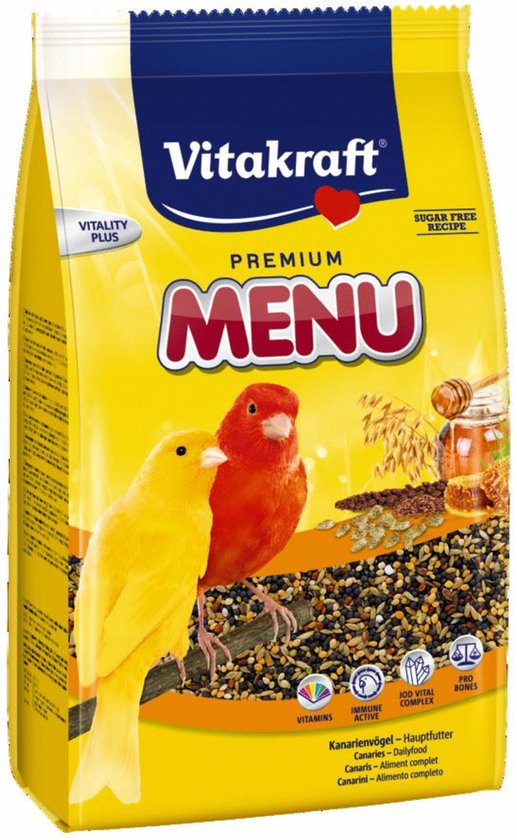 Gele en rode kanarie op gele zak met Vitakraft Premium Menu, Vitality Plus en ingrediënten.