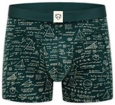 Donkergroene boxershort met wiskundige formules. Voorzien van een label met een pandabeer-logo.