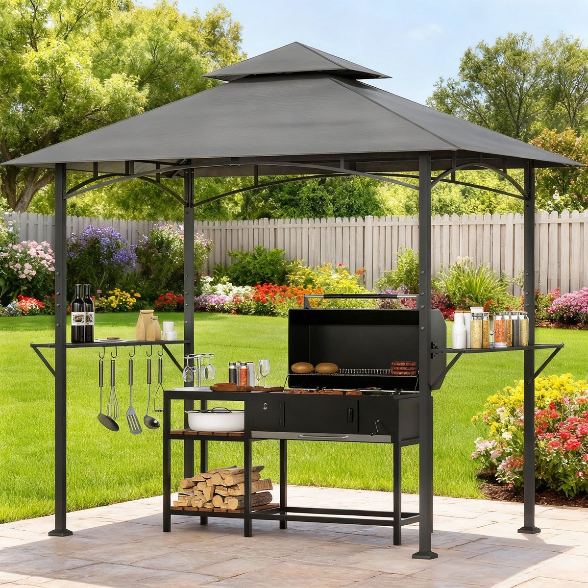 Soontrans-Barbecue-Overkapping-Zijplanken&Haken-BBQ-Overkapping-Dubbel Dak-Barbecuepaviljoen-Duurzaam Stalen Frame-Grillpaviljoen-Weerbestendig Tuinpaviljoen voor Barbecue tent-UV-Bescherming-Grilloverkapping voor Terras, Achtertuin