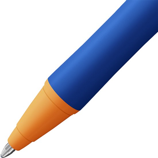 Close-up van de punt van een blauw-gele STABILO pointball pen.