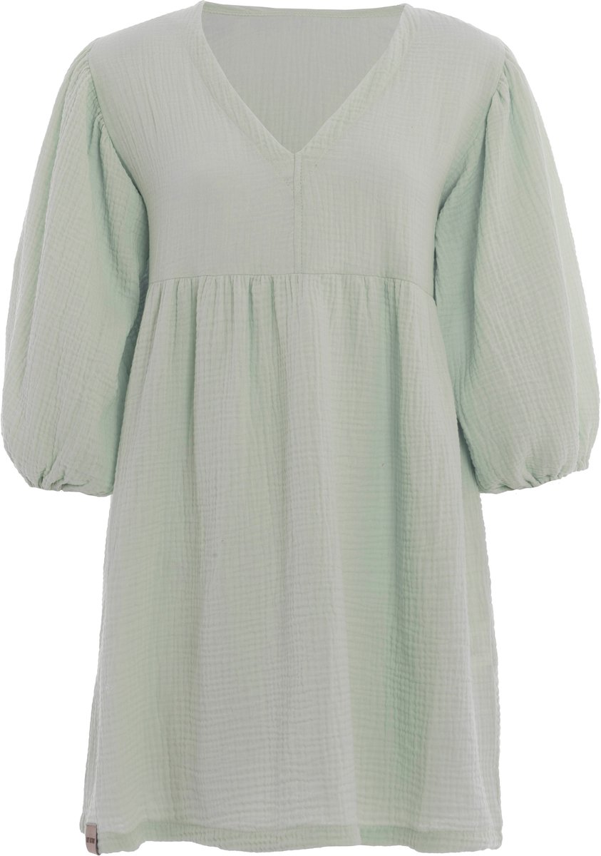 Knit Factory Drew Dames Jurk - Zomerjurk - Strandjurk - Driekwart pofmouwen - Mousseline jurk van hoge kwaliteit - 100% ecologisch katoen - Olive Mist - 40/42