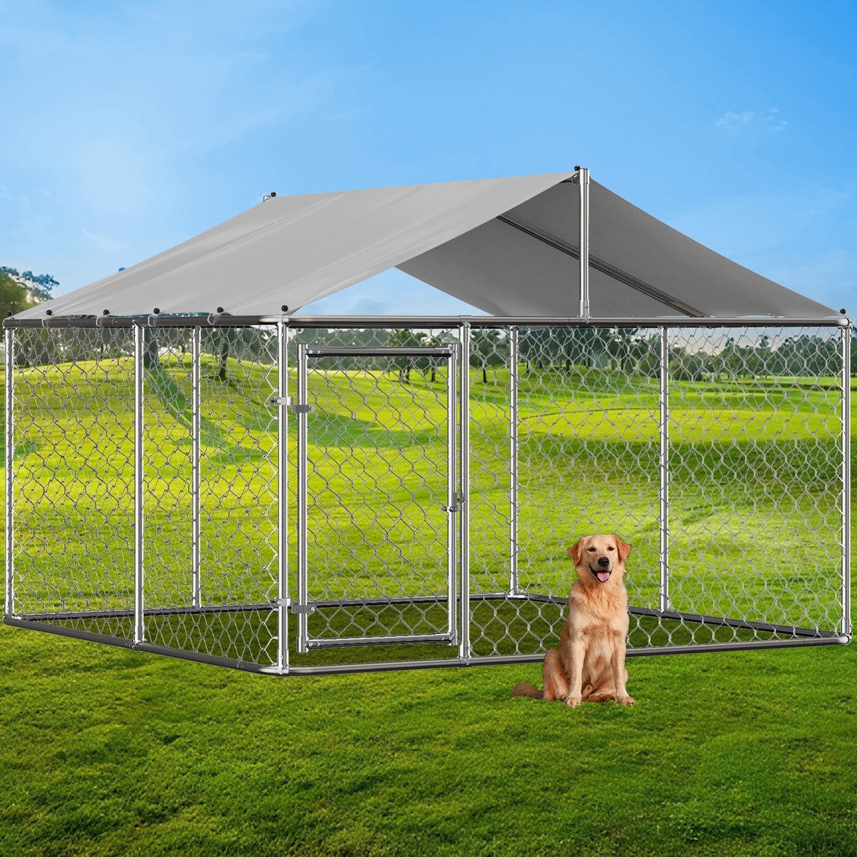 REDOM - Outdoor hondenzwinger - 32 mm gegalvaniseerd stalen frame - vergrendelbare veiligheidstür - A-frame dak - voor de tuin - PE dak - Zilver - 230 x 230 x 117 cm