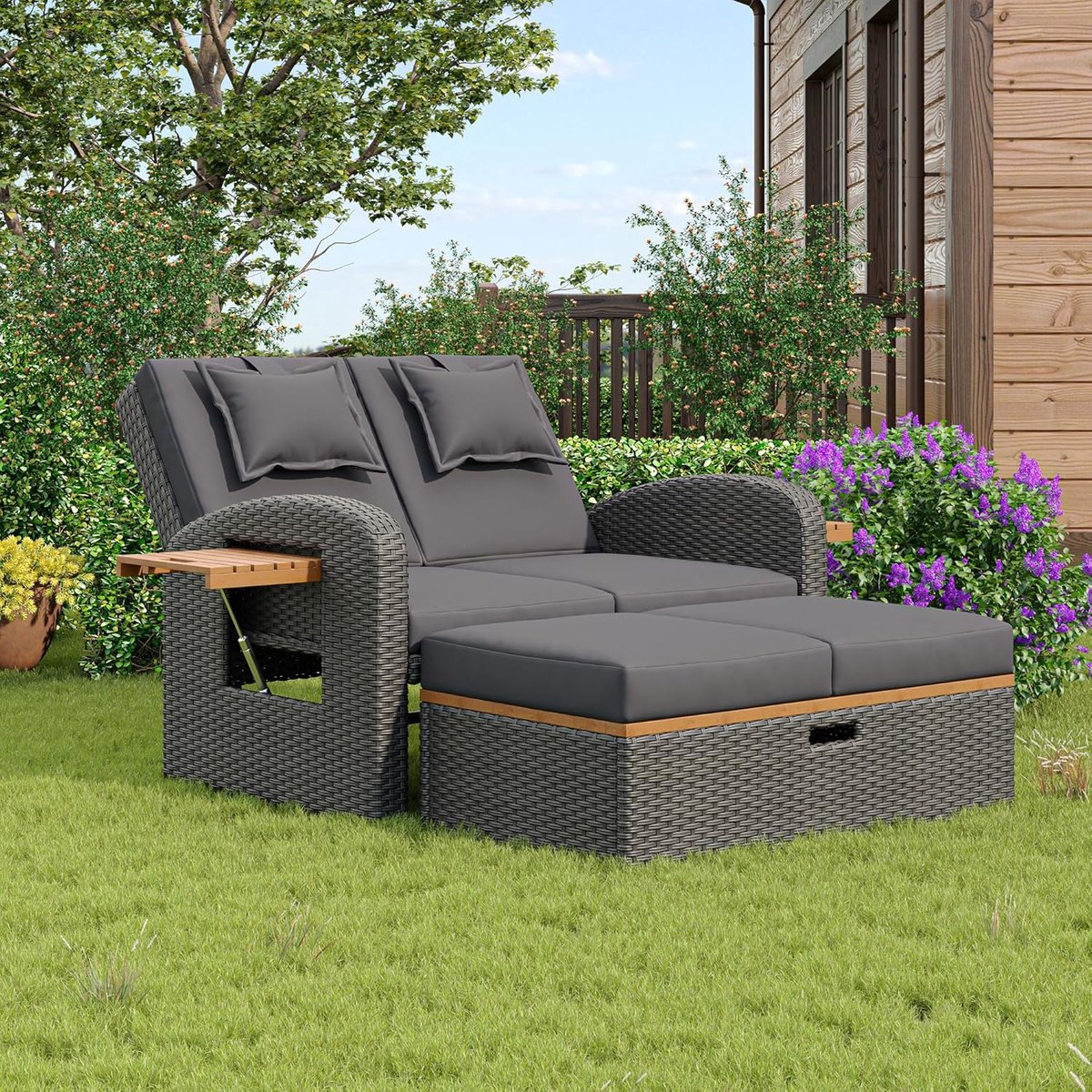 Rotan 3-in-1 Loungeset Tuinbank met Verstelbare Rugleuning en Voetenbank met Opbergruimte 120 x 74 x 95 cm – Inclusief Kussens – Weerbestendig Acaciahout & Staal – Buiten Lounge Set – Laura