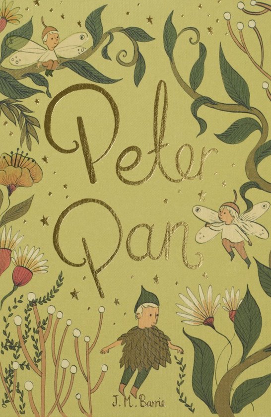 Peter Pan in goudfolie op een lichtgroene achtergrond met feeën en bloemen.