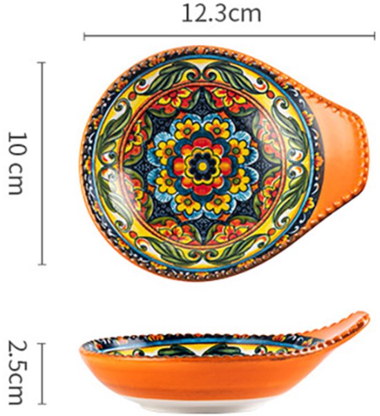 Oranje schaal met bloemenpatroon, afmetingen 12,3 cm breed en 10 cm hoog. Zijaanzicht toont 2,5 cm hoogte.