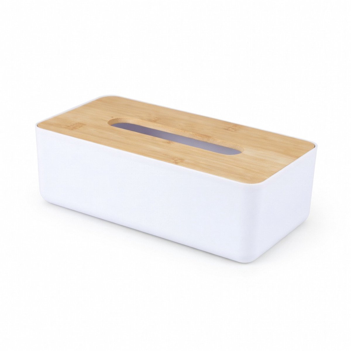 Bambou & Co Tissuebox - Luxe Zakdoekjeshouder - wit - kunststof met bamboe deksel - 26 x 13 x 8,5 cm