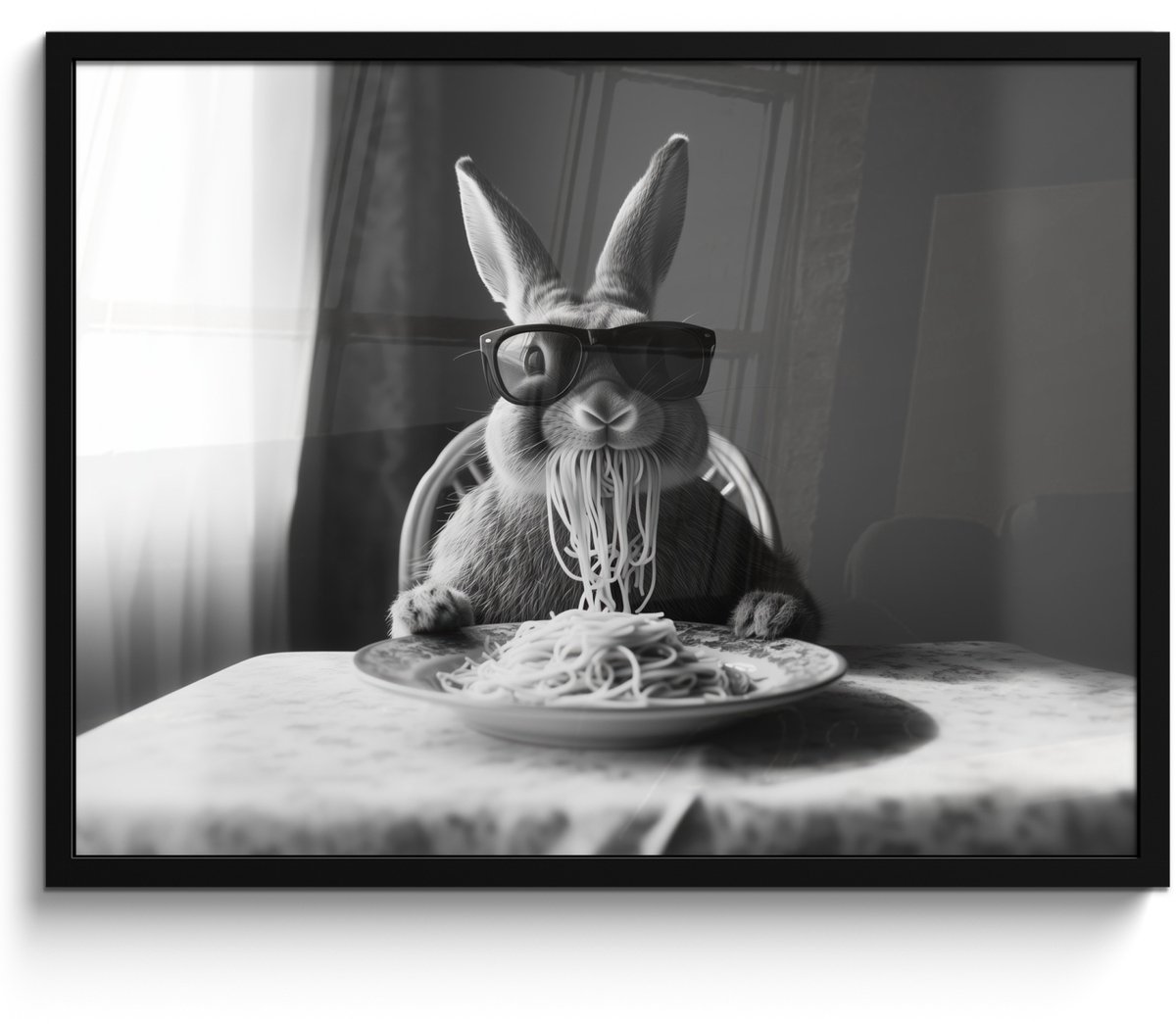 FrameYourWall Poster in lijst - Fotolijst 70x50 cm - Posters - Konijn - Bunny - Zonnebril - Tafelkleed - Pasta - Schattig - Posterlijst zwart - Decoratie - Wanddecoratie woonkamer - Muurdecoratie slaapkamer