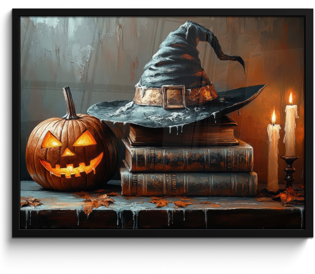 FrameYourWall Poster in lijst - Fotolijst 70x50 cm - Posters - Halloween - Stilleven - Heksenhoed - Pompoen - Heks - Posterlijst zwart - Decoratie - Wanddecoratie woonkamer - Muurdecoratie slaapkamer Halloween - Heksenhoed en pompoen