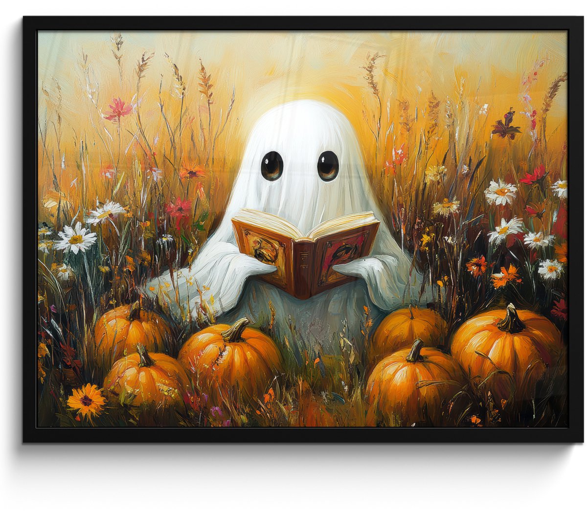 FrameYourWall Poster in lijst - Fotolijst 70x50 cm - Posters - Halloween - Spook - Herfst - Pompoen - Bloemen - Natuur - Posterlijst zwart - Decoratie - Wanddecoratie woonkamer - Muurdecoratie slaapkamer Oranje