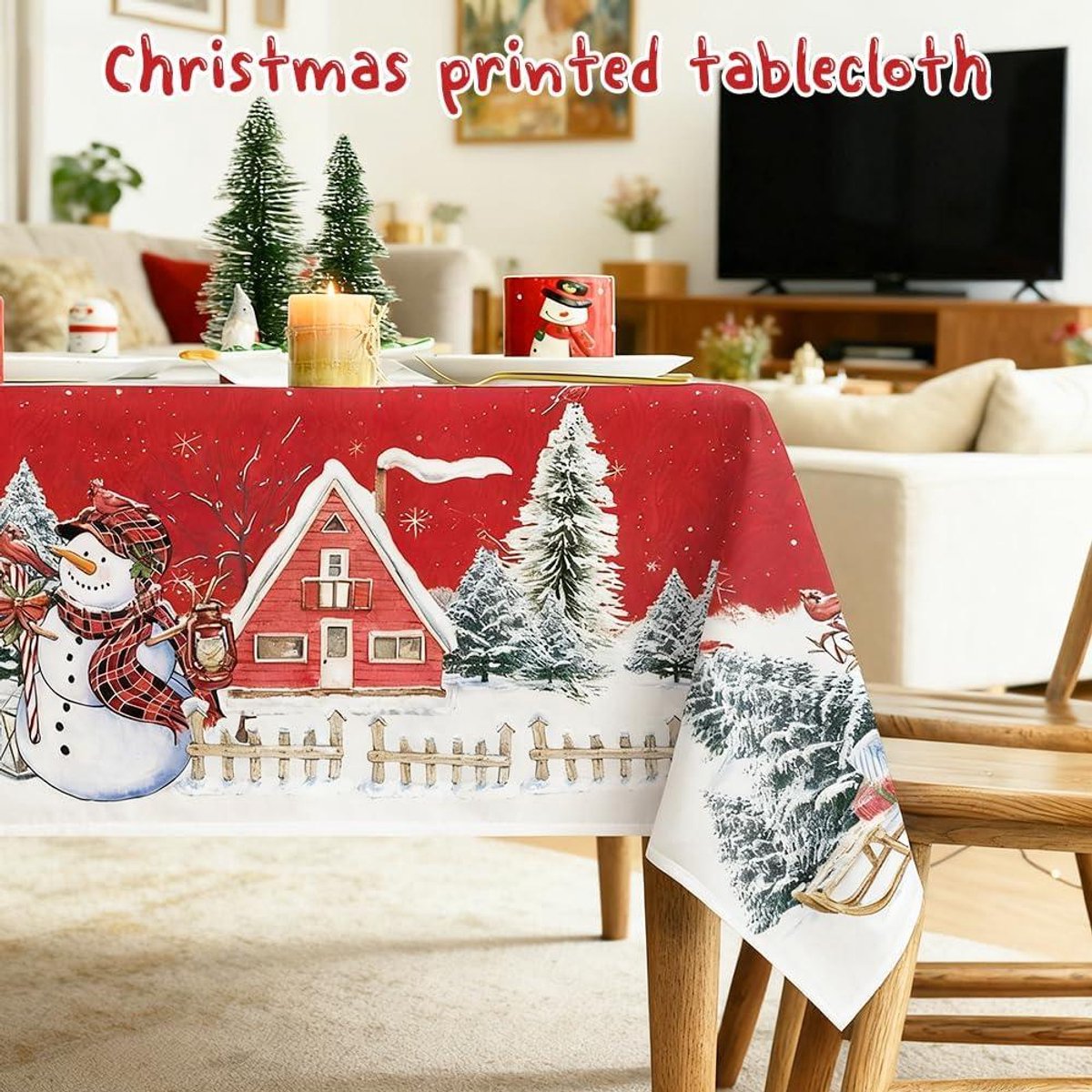 Kerst Tafelkleed - Winterdecoratie Rood Sneeuwpop Bomen - 150 cm Diameter