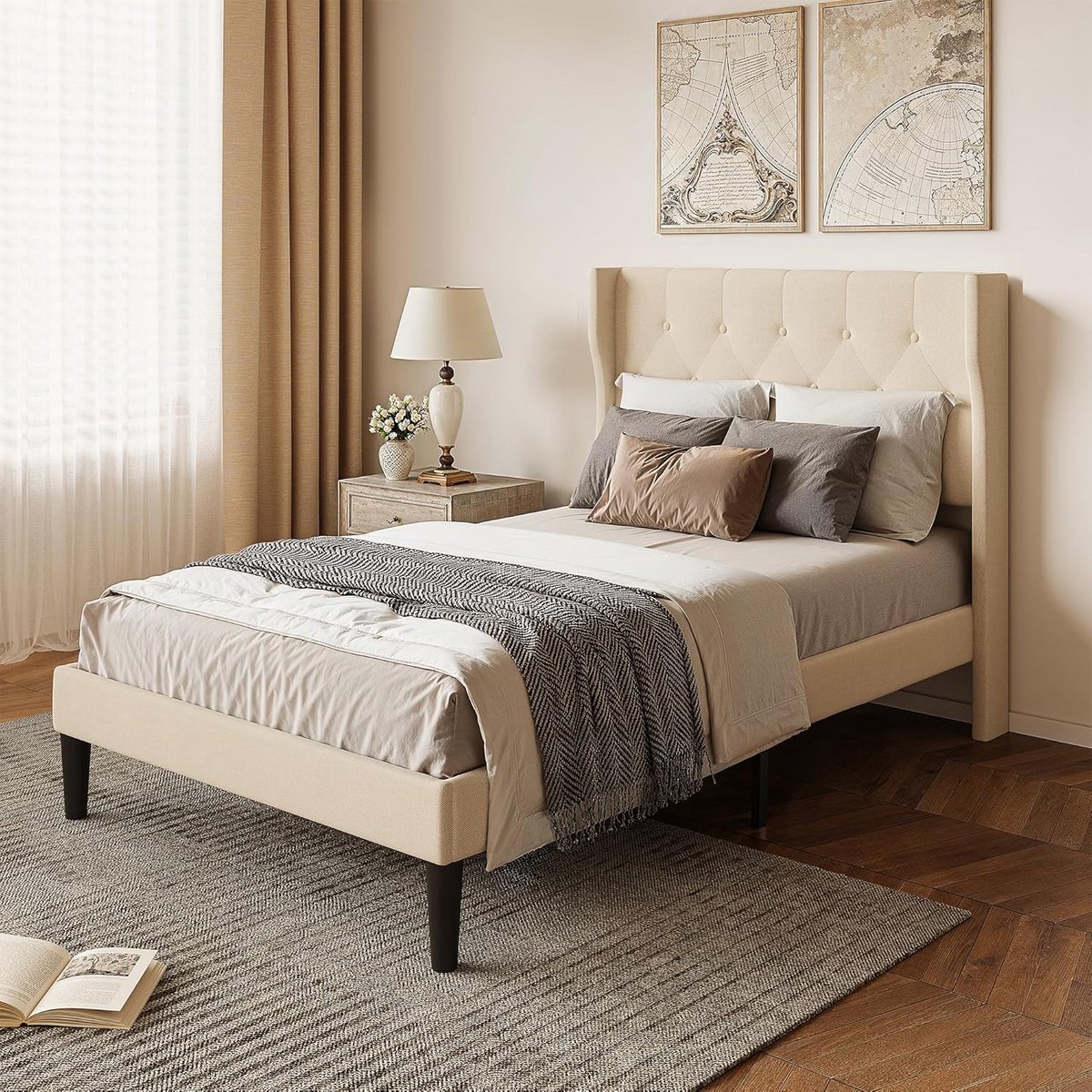 Gestoffeerd Eenpersoonsbed 120x200 cm met Hoofdeinde en Lattenbodem, Beige