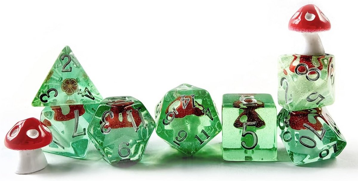 7-Delige Polyhedrale Dobbelstenen Set Paddenstoel Thema voor Dungeons and Dragons RPG en Tafelspellen