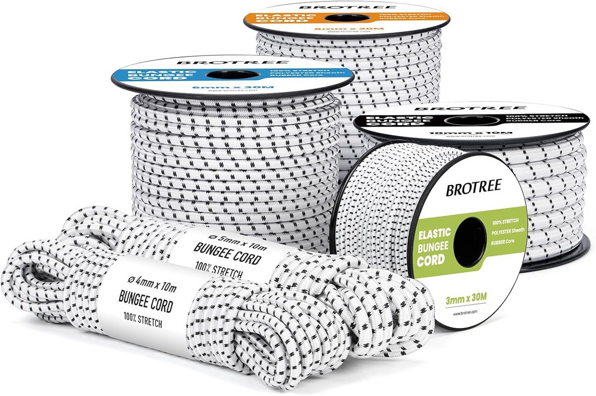 Sterk Elastisch Expander Touw 10mm - Voor Tarp, Waslijn, Kamperen en Klussen Wit/Zwart