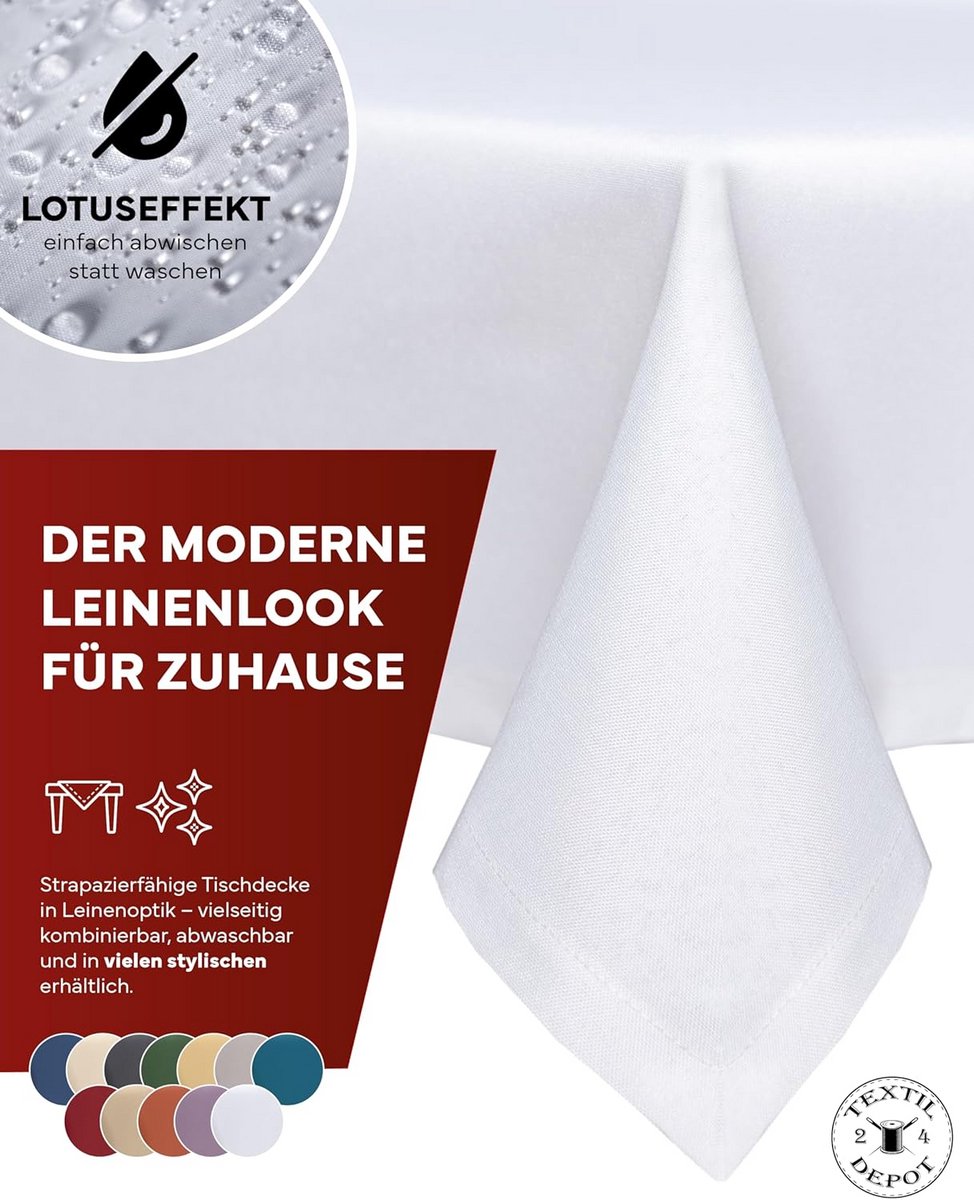 Wasbaar Tafelkleed Linnenlook Vierkant 90x90 Wit met Lotus Effect