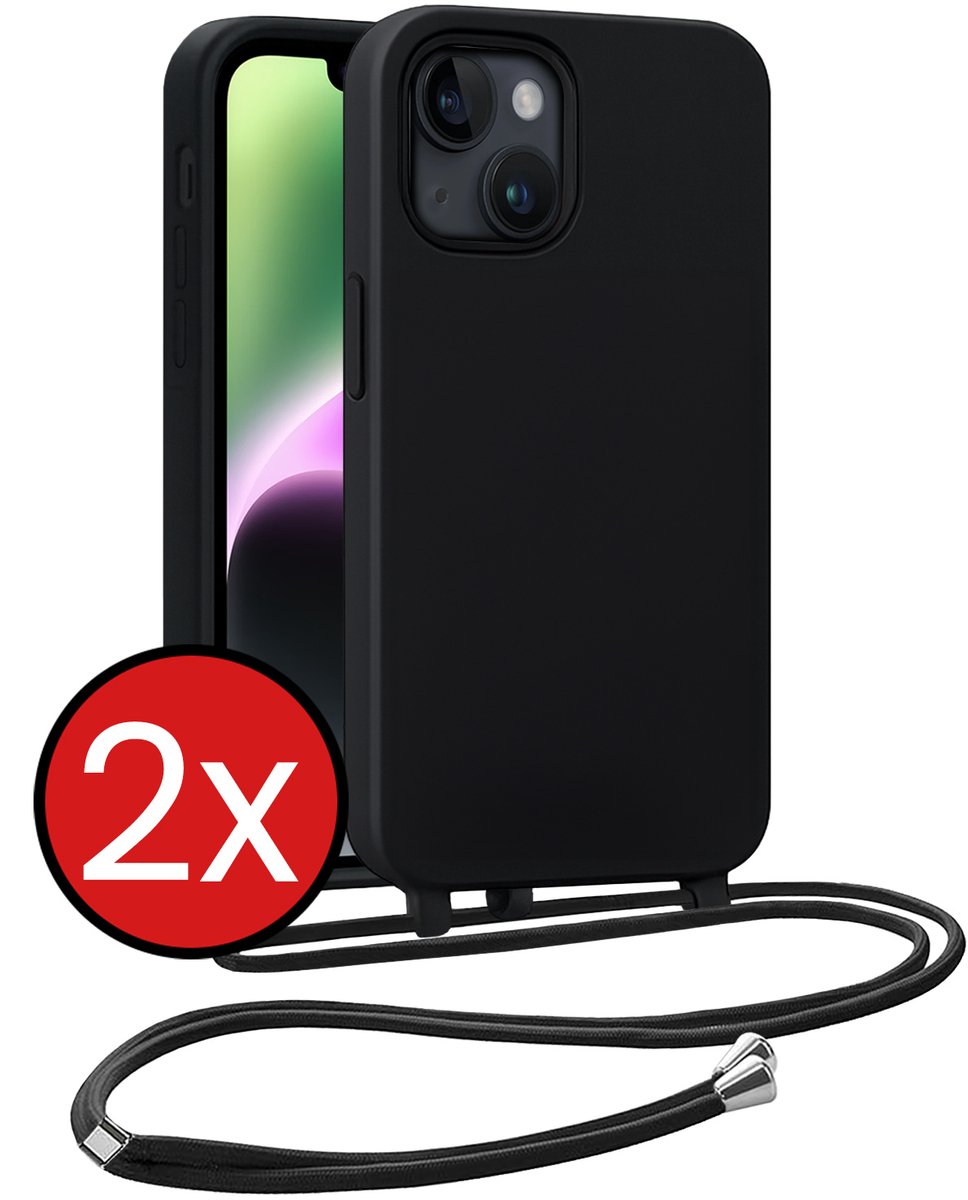 Hoesje Geschikt voor iPhone 13 Mini Hoesje Siliconen Case Met Koord - Hoes Geschikt voor iPhone 13 Mini Hoesje Backcover Met Telefoonkoord - Zwart - 2 PACK