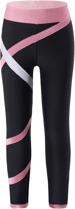 Detail van zwarte meisjeslegging met roze en witte diagonale strepen en roze tailleband.
