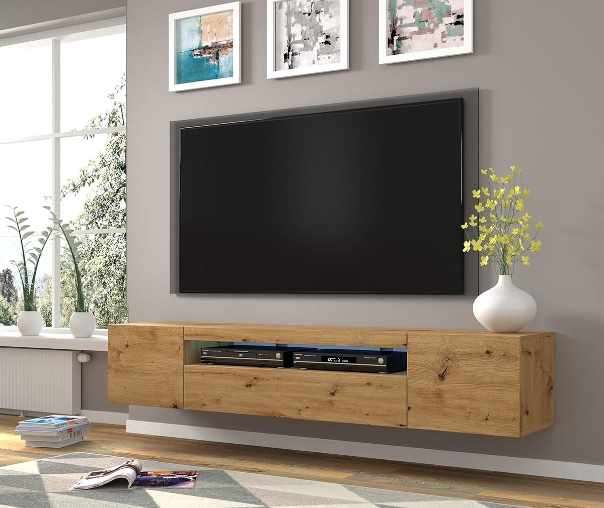 TV Meubel Aura 200x42x37 cm – Hangend of Staand Modern Woonkamermeubel met LED, Opbergruimte en Kabeldoorvoer – Artisan Eiken – Abkantoor