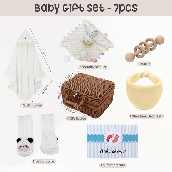 7-Delige Baby Cadeauset Geboorte: Luxe Handdoek, Rammelaar, Slabbetje en Sokjes - Unisex Kraamcadeau — afbeelding 3