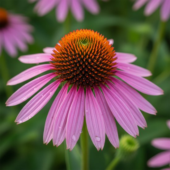 Paarse zonnehoed met een oranje hart en roze bloemblaadjes bedekt met waterdruppels.