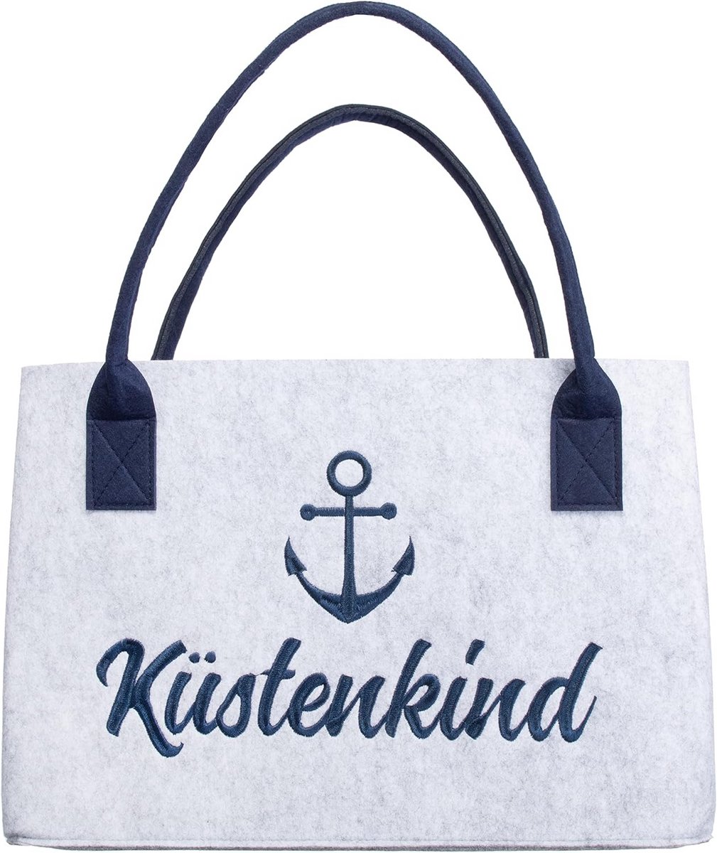 Grote Vilt Tas met Maritiem Geborduurde Kustlijn - Shopper en Boodschappentas