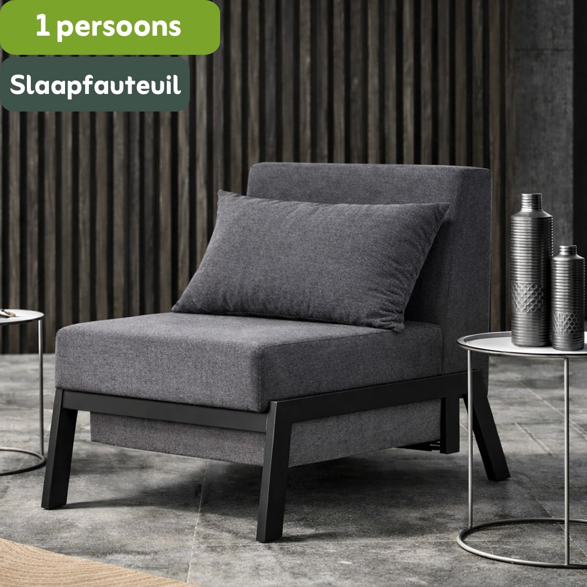 AirSleeperz® Slaapfauteuil Noud Black – 1-persoons – Metaal – Antraciet – Uitklapbaar tot 200 cm – Inclusief kussen