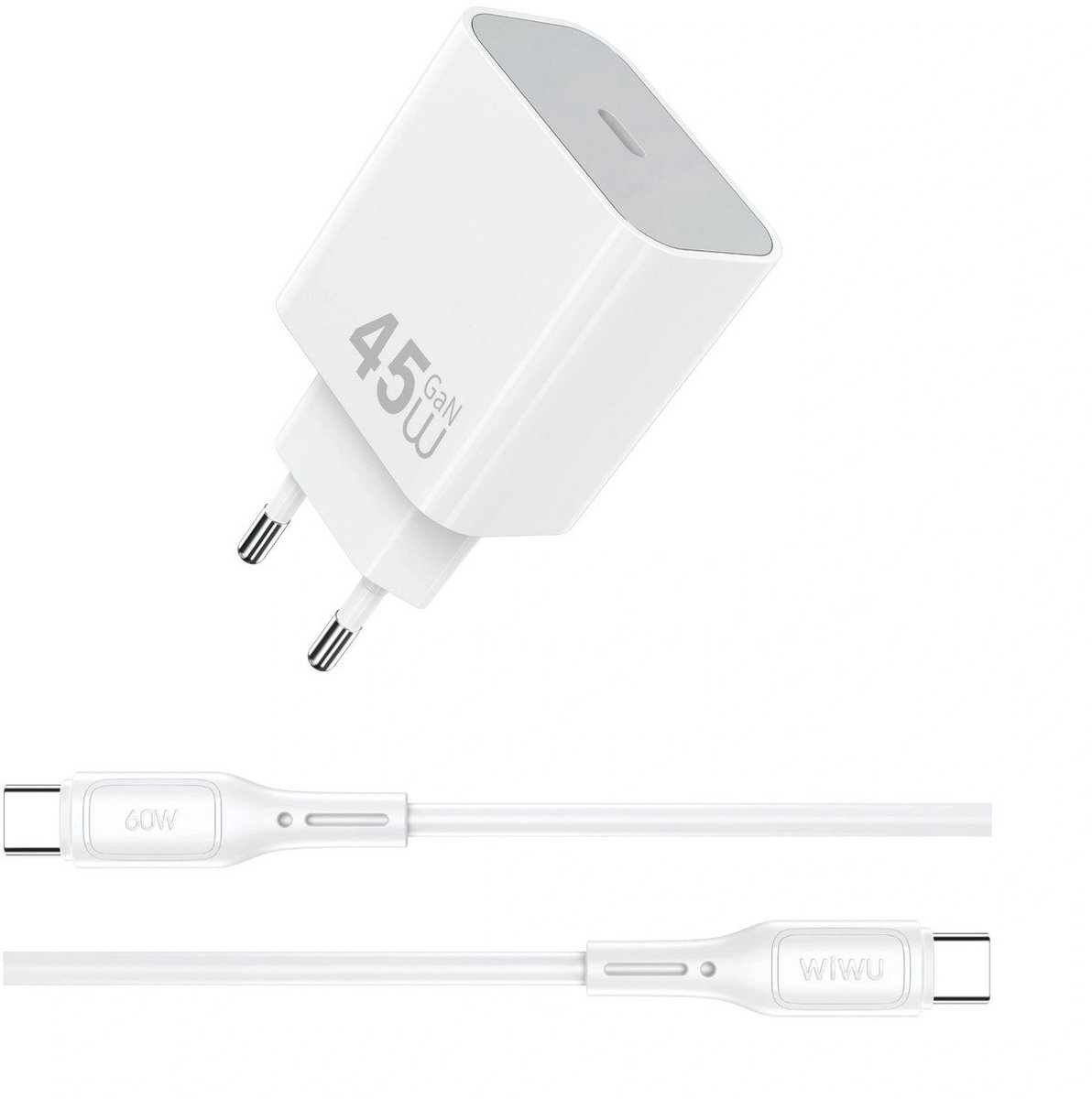 WiWU 45W snellader – USB-C oplader inclusief USB-C Kabel – Wit