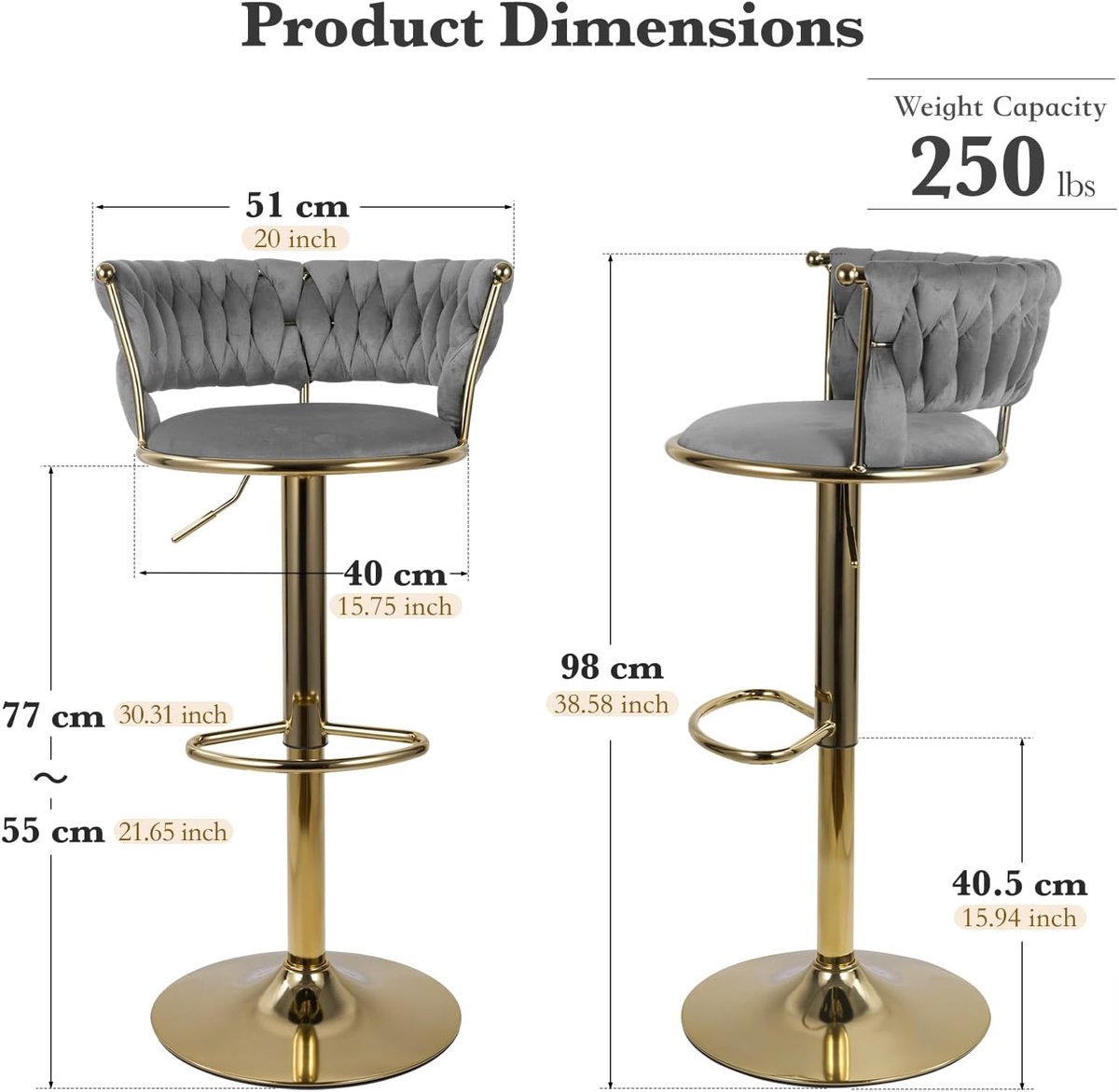 Barkrukken Set van 2 – House&Garden Royal Velvet Draaibare Barstoelen met Rugleuning – In Hoogte Verstelbaar 77–98 cm – Ergonomische Keukenkrukken met Gouden Metalen Frame – Donkergrijs Fluweel