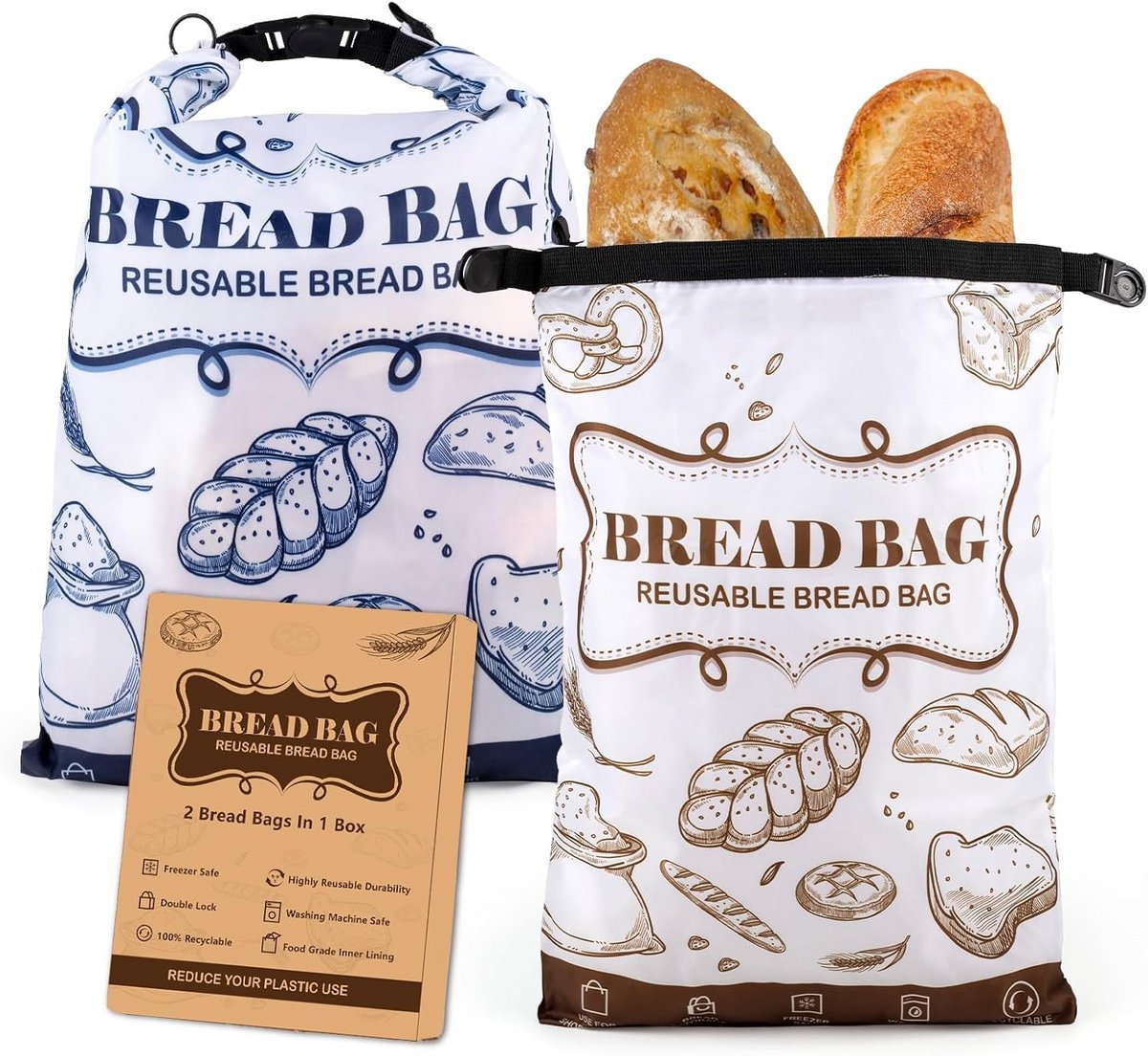Broodzakken 2 stuks - Herbruikbare zuurdesemopbergzakken met rits - Grote diepvrieszakken voor vers brood