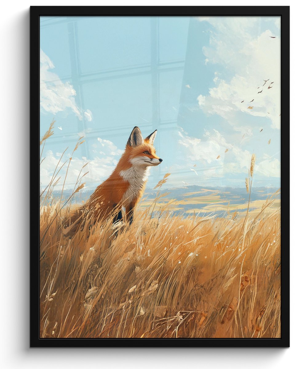 FrameYourWall Poster in lijst - Fotolijst 50x70 cm - Posters - Vos - Gras - Wolken - Oranje - Posterlijst zwart - Decoratie - Wanddecoratie woonkamer - Muurdecoratie slaapkamer Vos - Natuur