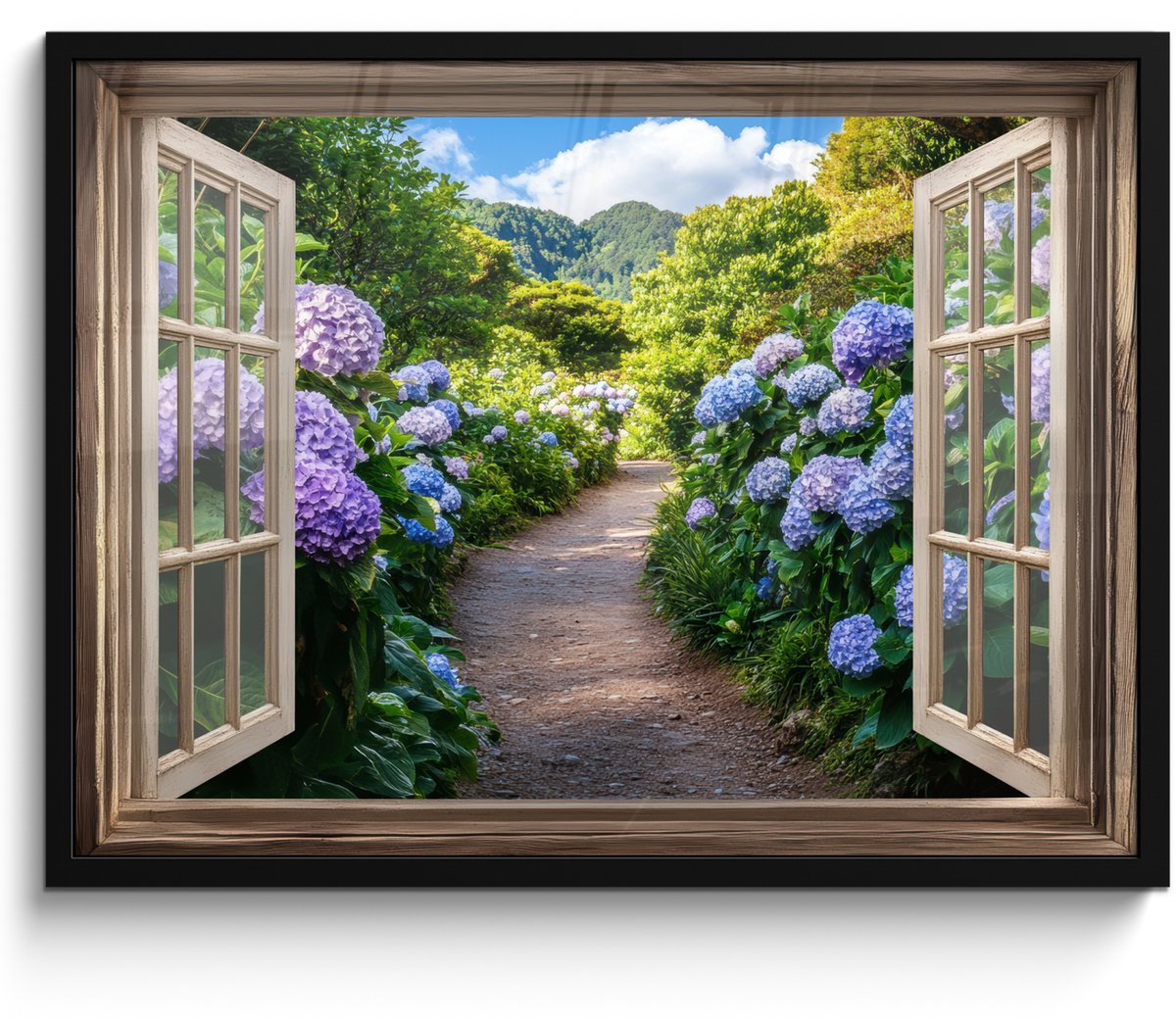 FrameYourWall Poster in lijst - Fotolijst 70x50 cm - Posters - Doorkijk - Hortensia - Pad - Natuur - Posterlijst zwart - Decoratie - Wanddecoratie woonkamer - Muurdecoratie slaapkamer
