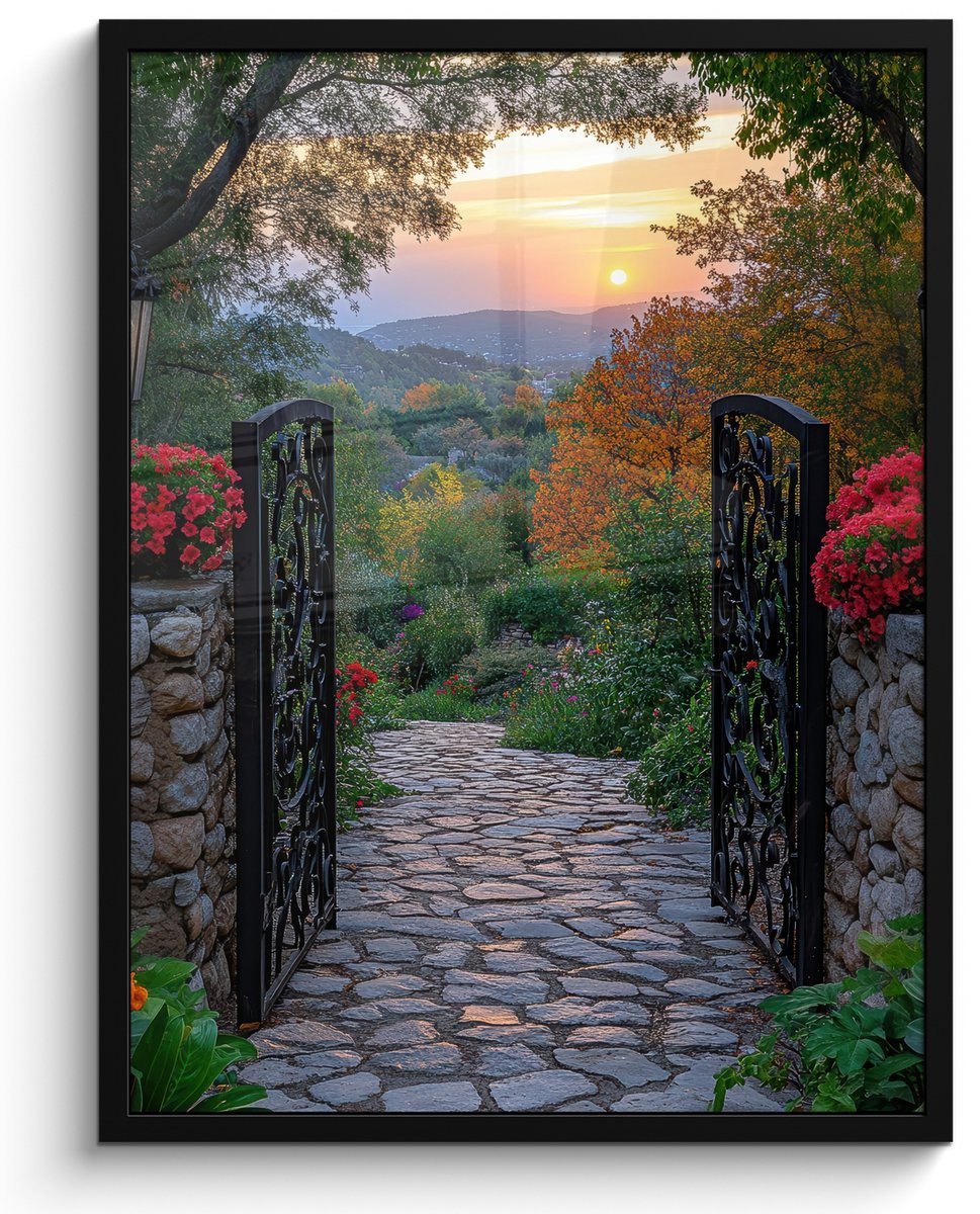 FrameYourWall Poster in lijst - Fotolijst 50x70 cm - Posters - Landschap - Hek - Pad - Zonsondergang - Natuur - Posterlijst zwart - Decoratie - Wanddecoratie woonkamer - Muurdecoratie slaapkamer Hek - Uitzicht
