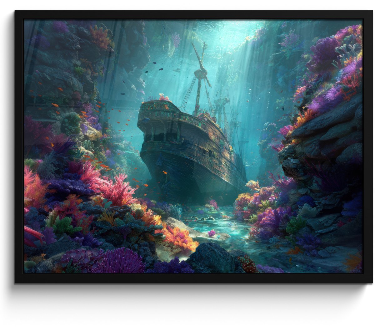 FrameYourWall Poster in lijst - Fotolijst 70x50 cm - Posters - Schip - Hout - Koraalriffen - Zonlicht - Posterlijst zwart - Decoratie - Wanddecoratie woonkamer - Muurdecoratie slaapkamer