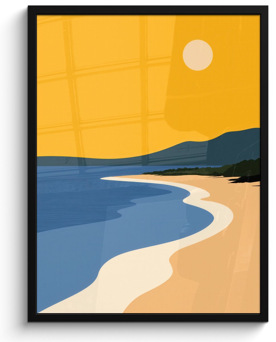 FrameYourWall Poster in lijst - Fotolijst 50x70 cm - Posters - Kustlijn - Oranje lucht - Begroeiing - Posterlijst zwart - Decoratie - Wanddecoratie woonkamer - Muurdecoratie slaapkamer Kustlijn - Zon