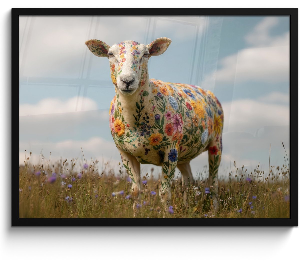 FrameYourWall Poster in lijst - Fotolijst 70x50 cm - Posters - Schaap - Bloemen - Weide - Posterlijst zwart - Decoratie - Wanddecoratie woonkamer - Muurdecoratie slaapkamer