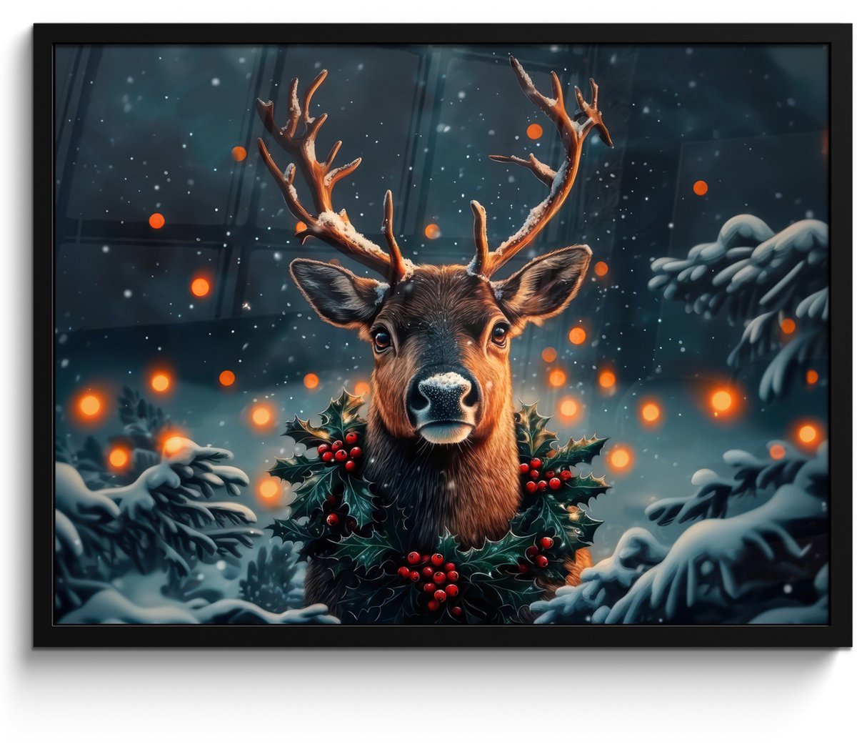 FrameYourWall Poster in lijst - Fotolijst 70x50 cm - Posters - Hert - Kerst - Winter - Sneeuw - Kerstkrans - Posterlijst zwart - Decoratie - Wanddecoratie woonkamer - Kerstdecoratie voor binnen - Kerstversiering - Kerstmis versiering in huis - Kerstaccessoires Hert - Kerstkrans