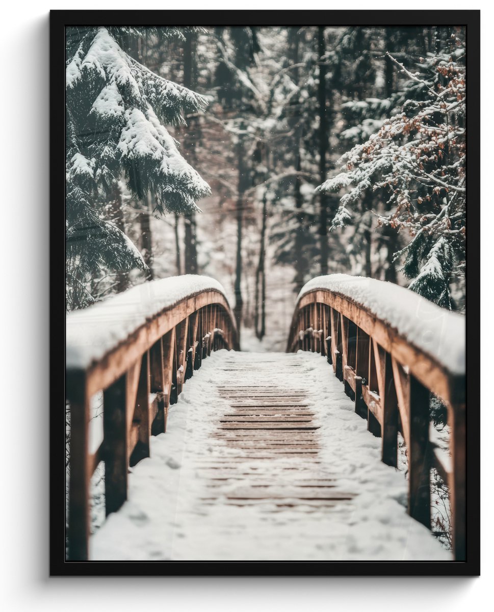 FrameYourWall Poster in lijst - Fotolijst 50x70 cm - Posters - Brug - Winterlandschap - Bos - Natuur - Sneeuw - Posterlijst zwart - Decoratie - Wanddecoratie woonkamer - Muurdecoratie slaapkamer