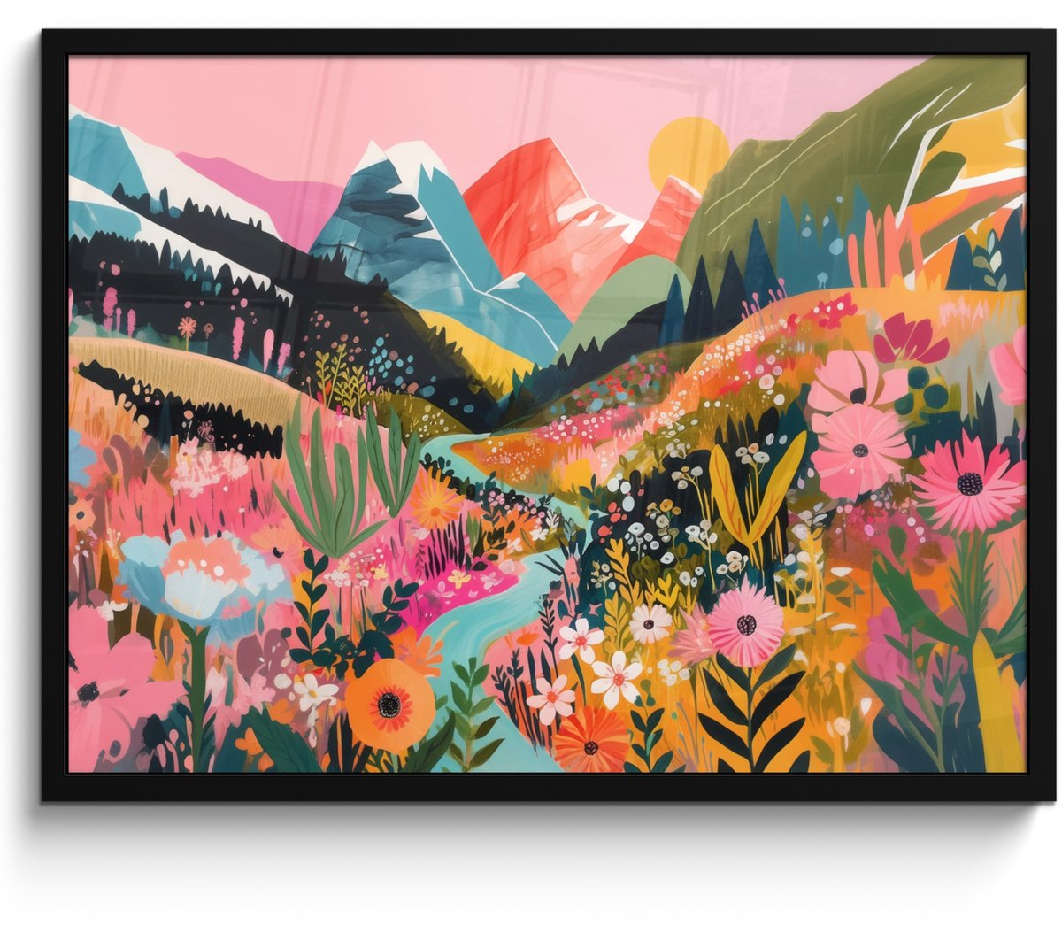 FrameYourWall Poster in lijst - Fotolijst 70x50 cm - Posters - Rivier - Diepte - Bloemen - Posterlijst zwart - Decoratie - Wanddecoratie woonkamer - Muurdecoratie slaapkamer Rivier - Bergen - Kleurrijk