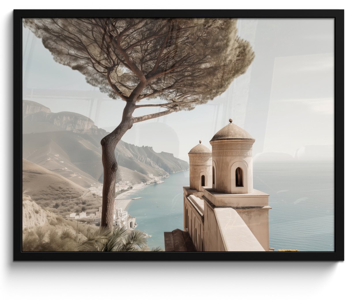 FrameYourWall Poster in lijst - Fotolijst 70x50 cm - Posters - Kust - Klif - Boom - Gebouw - Posterlijst zwart - Decoratie - Wanddecoratie woonkamer - Muurdecoratie slaapkamer Kust - Boom - Gebouw