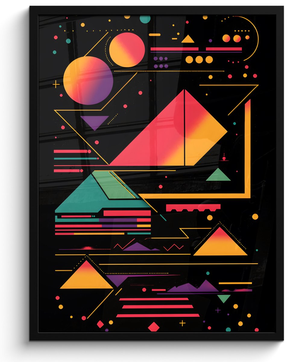 FrameYourWall Poster in lijst - Fotolijst 50x70 cm - Posters - Piramides - Cirkels - Neonkleuren - Geometrisch - Posterlijst zwart - Decoratie - Wanddecoratie woonkamer - Muurdecoratie slaapkamer Piramides - Neonkleuren