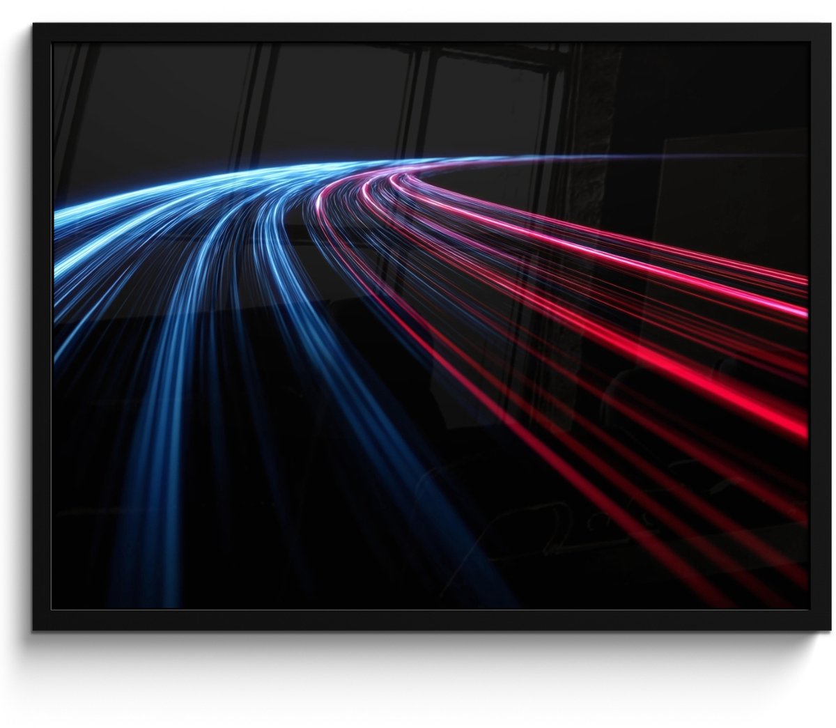 FrameYourWall Poster in lijst - Fotolijst 70x50 cm - Posters - Gaming - Strepen - Gebogen - Blauw - Posterlijst zwart - Decoratie - Wanddecoratie woonkamer - Muurdecoratie slaapkamer Lichtbanen
