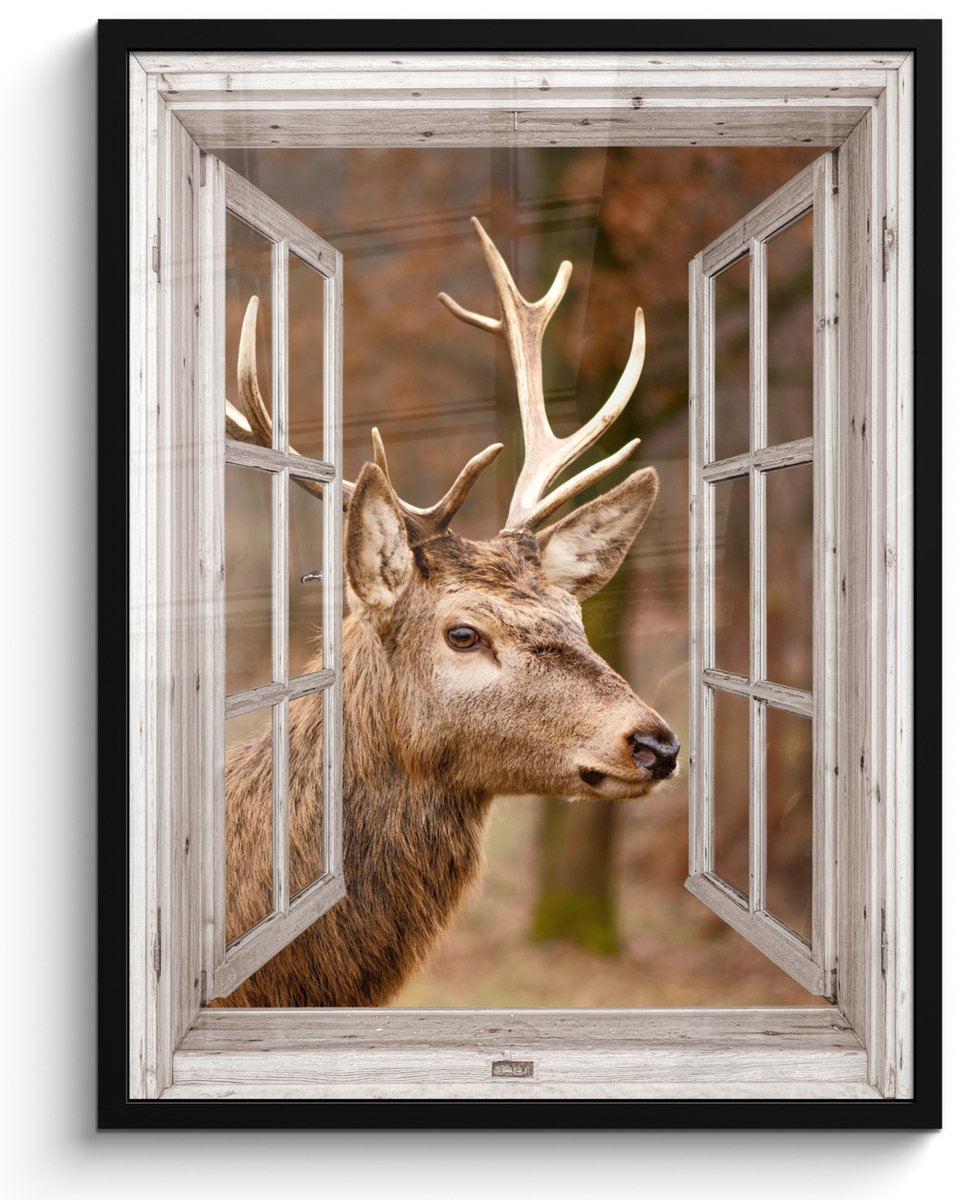 FrameYourWall Poster in lijst - Fotolijst 50x70 cm - Posters - Hert - Dier - Bos - Herfst - Hertenkop - Bruin - Doorkijk - Posterlijst zwart - Decoratie - Wanddecoratie woonkamer - Muurdecoratie slaapkamer
