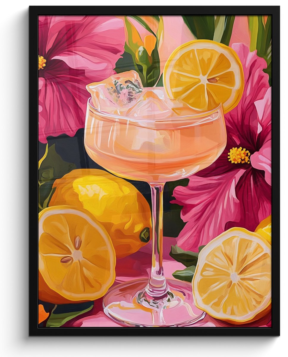 FrameYourWall Poster in lijst - Fotolijst 50x70 cm - Posters - Drink - Bloemen - Yellow - Posterlijst zwart - Decoratie - Wanddecoratie woonkamer - Muurdecoratie slaapkamer Cocktail - Bloemen