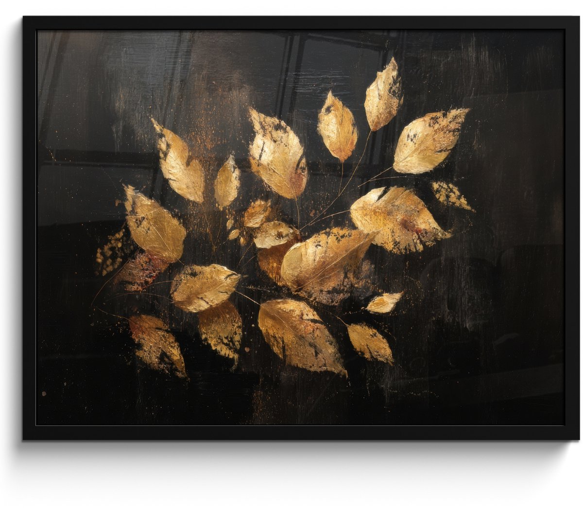 FrameYourWall Poster in lijst - Fotolijst 70x50 cm - Posters - Gouden Bladeren op Donkere Achtergrond - Posterlijst zwart - Decoratie - Wanddecoratie woonkamer - Muurdecoratie slaapkamer Bladeren - Goud
