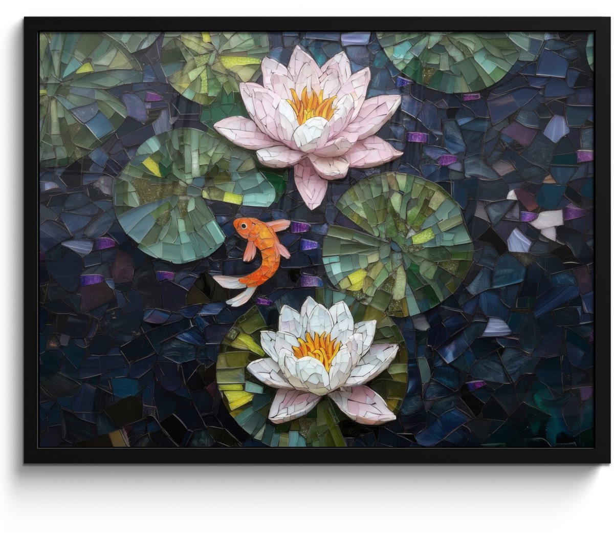 FrameYourWall Poster in lijst - Fotolijst 70x50 cm - Posters - Glasstukjes - Leliebladeren - Vis - Oranje - Posterlijst zwart - Decoratie - Wanddecoratie woonkamer - Muurdecoratie slaapkamer