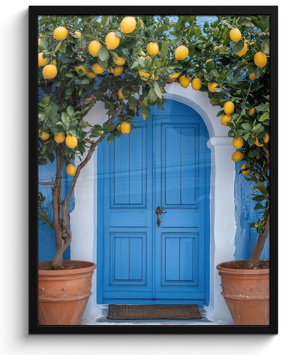 FrameYourWall Poster in lijst - Fotolijst 50x70 cm - Posters - Citroenbomen - Geel - Deur - Potten - Posterlijst zwart - Decoratie - Wanddecoratie woonkamer - Muurdecoratie slaapkamer Deur - Bloemen