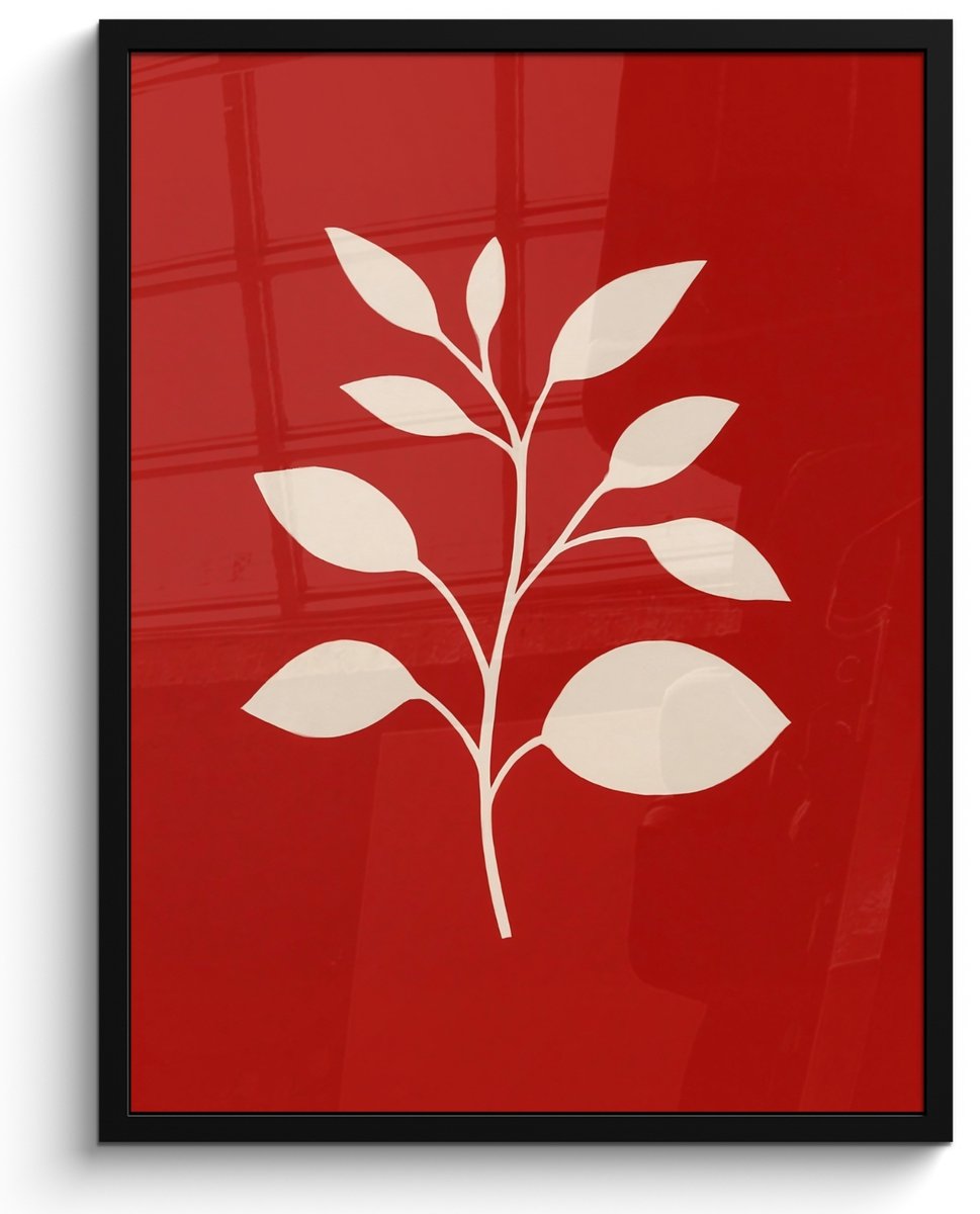 FrameYourWall Poster in lijst - Fotolijst 50x70 cm - Posters - Silhouet - Bladeren - Tak - Posterlijst zwart - Decoratie - Wanddecoratie woonkamer - Muurdecoratie slaapkamer