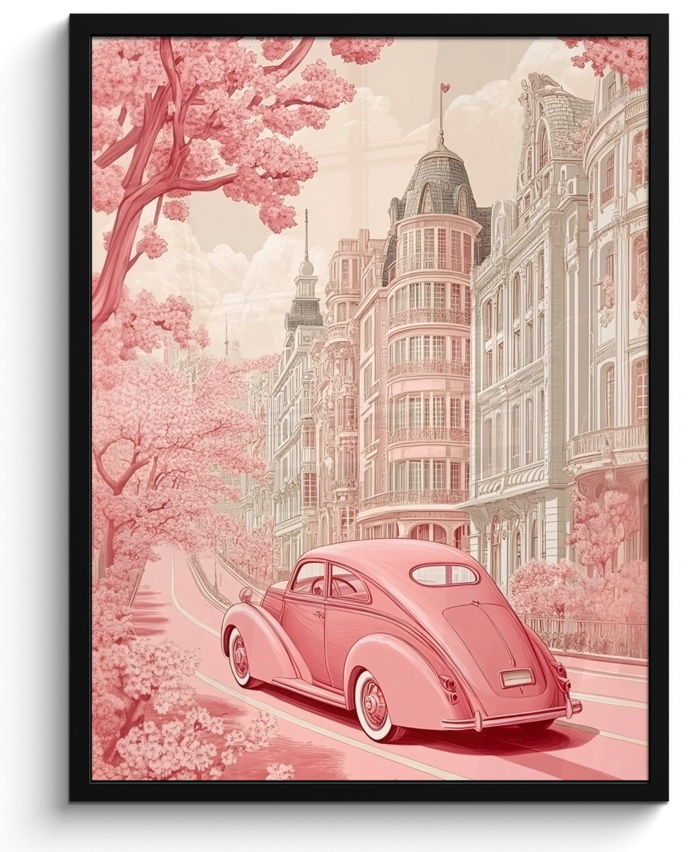 FrameYourWall Poster in lijst - Fotolijst 50x70 cm - Posters - City - Car - Pink - Posterlijst zwart - Decoratie - Wanddecoratie woonkamer - Muurdecoratie slaapkamer Auto - Stad