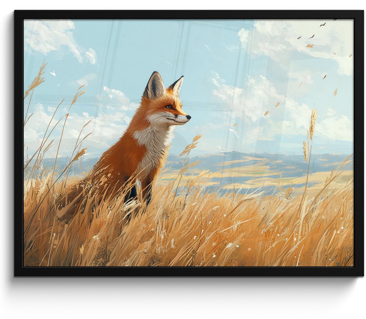 FrameYourWall Poster in lijst - Fotolijst 70x50 cm - Posters - Vos - Gras - Wolken - Oranje - Posterlijst zwart - Decoratie - Wanddecoratie woonkamer - Muurdecoratie slaapkamer Vos - Natuur