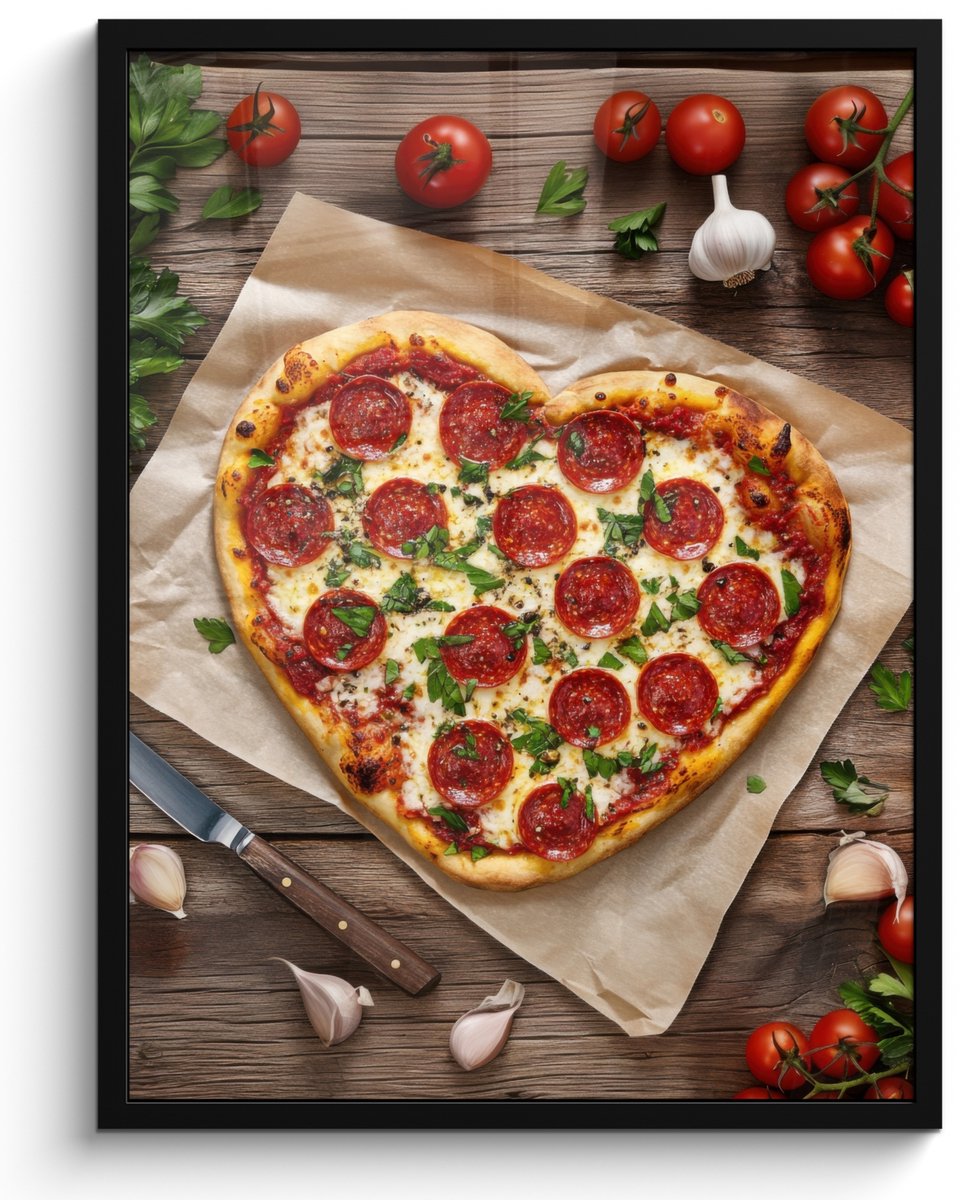FrameYourWall Poster in lijst - Fotolijst 50x70 cm - Posters - Pizza - Hart - Pepperoni - Tomaat - Posterlijst zwart - Decoratie - Wanddecoratie woonkamer - Muurdecoratie slaapkamer